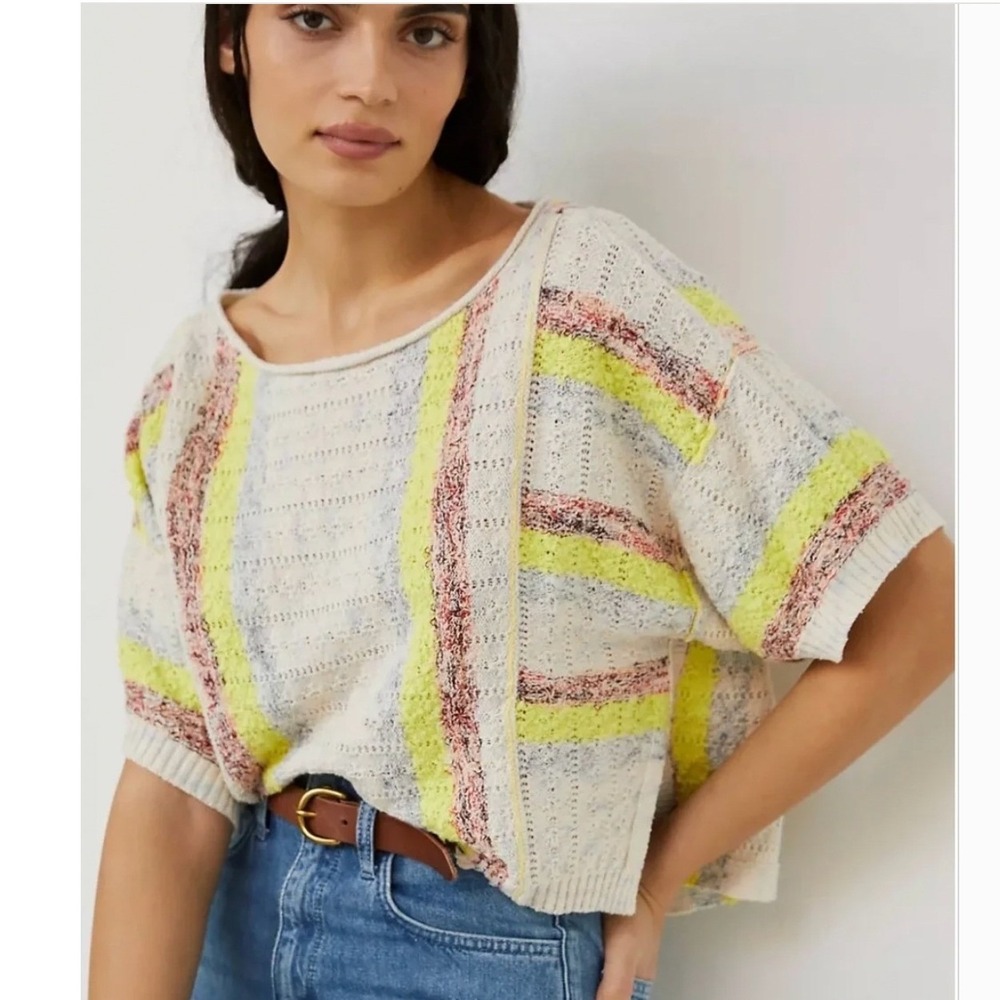 Pilcro Beachside Striped Open Knit Short Sleeve Sweater Neon Yellow XS